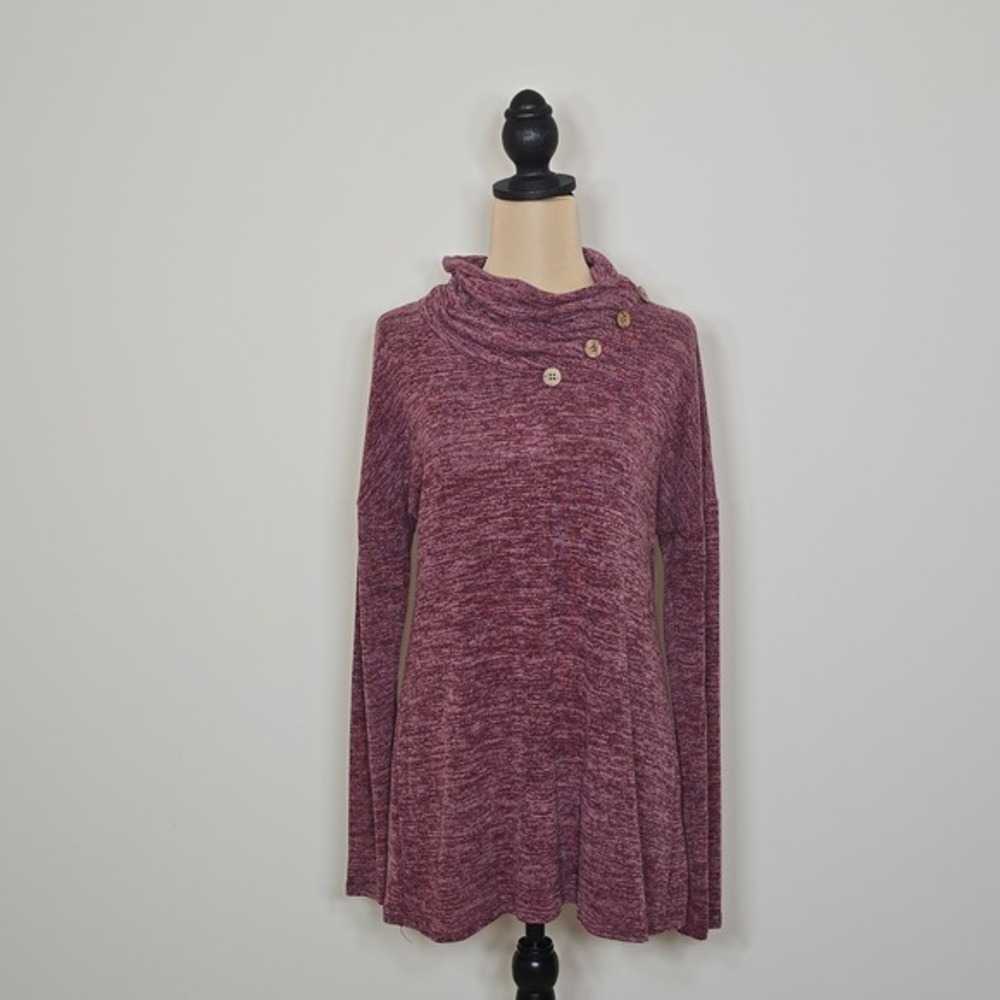 Amuzzii Women's Burgundy Heathered Cowl Neck Button Long Sleeve Sweater Size M